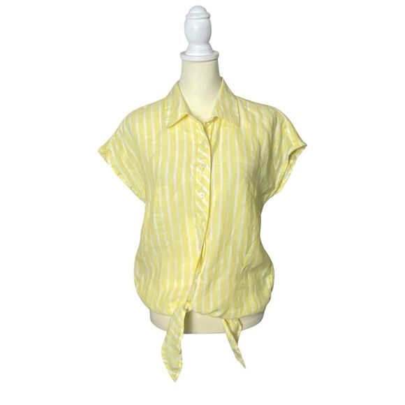 Talbots LINEN TIE HEM BUTTON FRONT TOP - SEASHORE STRIPE Women's Size Small - Picture 1 of 14